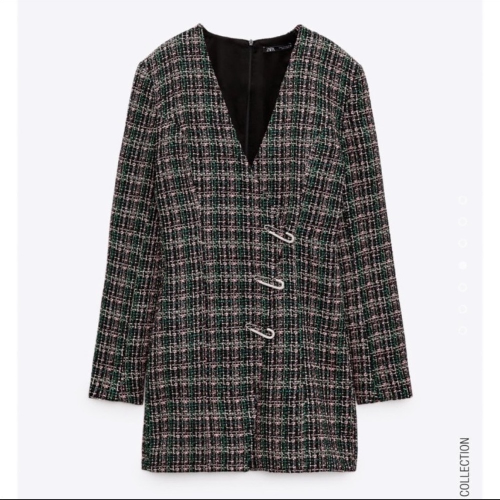 Zara tweed textured blazer dress safety pin rhinestone plaid bloggers favorite